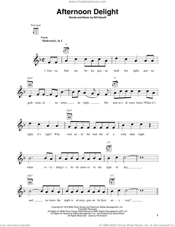 Afternoon Delight sheet music for baritone ukulele solo by Starland Vocal Band and Bill Danoff, intermediate skill level