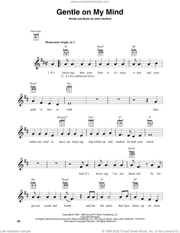 Gentle On My Mind sheet music for baritone ukulele solo by Glen Campbell and John Hartford, intermediate skill level