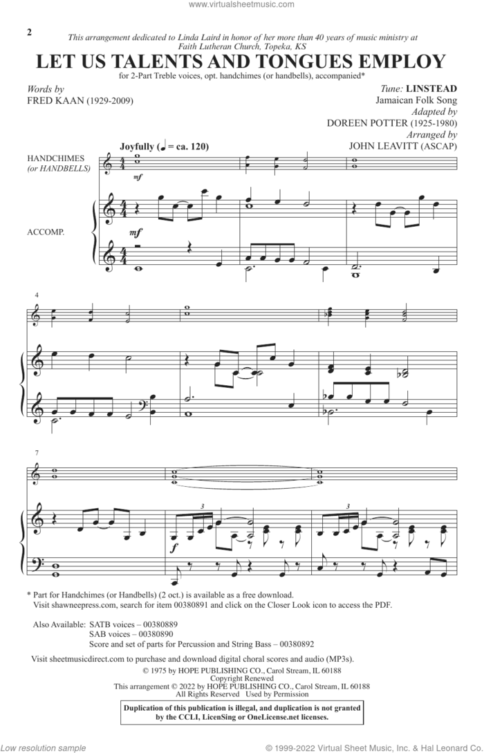 Let Us Talents And Tongues Employ (arr. John Leavitt) sheet music for choir (2-Part) by Fred Kaan, John Leavitt, Miscellaneous and Doreen Potter, intermediate duet