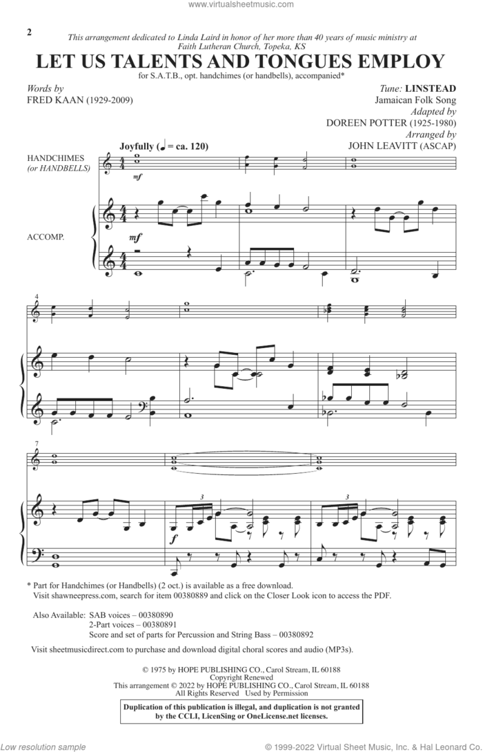 Let Us Talents And Tongues Employ (arr. John Leavitt) sheet music for choir (SATB: soprano, alto, tenor, bass) by Fred Kaan, John Leavitt, Miscellaneous and Doreen Potter, intermediate skill level