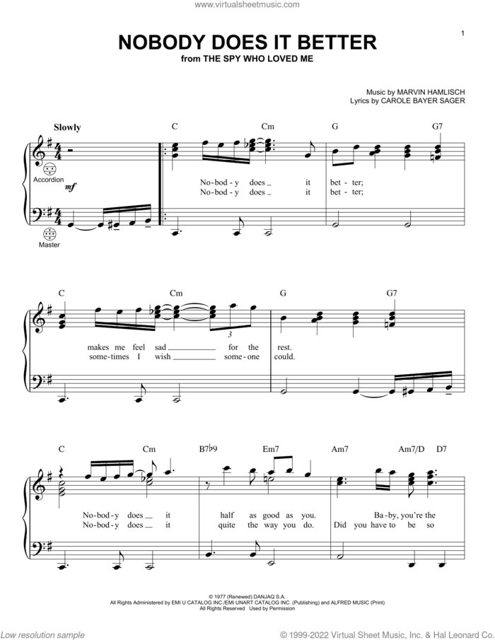 Nobody Does It Better sheet music for accordion by Carly Simon, Carole Bayer Sager and Marvin Hamlisch, intermediate skill level