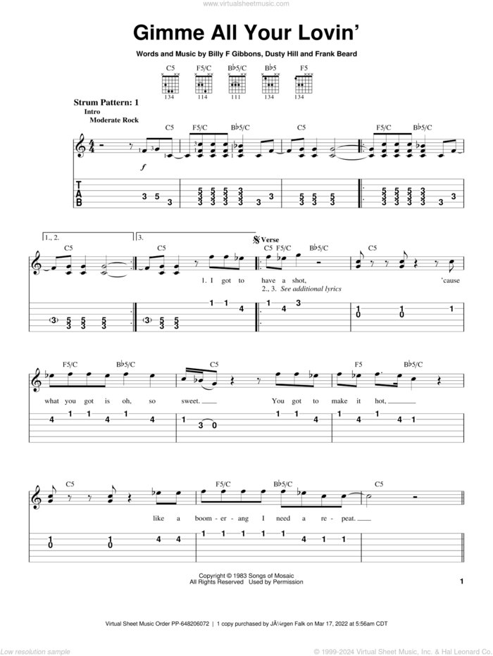 Gimme All Your Lovin' sheet music for guitar solo (easy tablature) by ZZ Top, Billy Gibbons, Dusty Hill and Frank Beard, easy guitar (easy tablature)