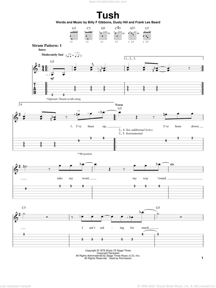 Tush sheet music for guitar solo (easy tablature) by ZZ Top, Billy Gibbons, Dusty Hill and Frank Beard, easy guitar (easy tablature)
