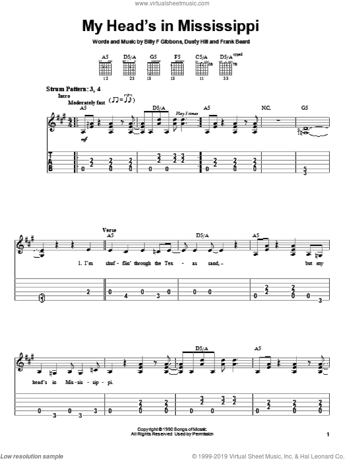 My Head's In Mississippi sheet music for guitar solo (easy tablature) by ZZ Top, Billy Gibbons, Dusty Hill and Frank Beard, easy guitar (easy tablature)
