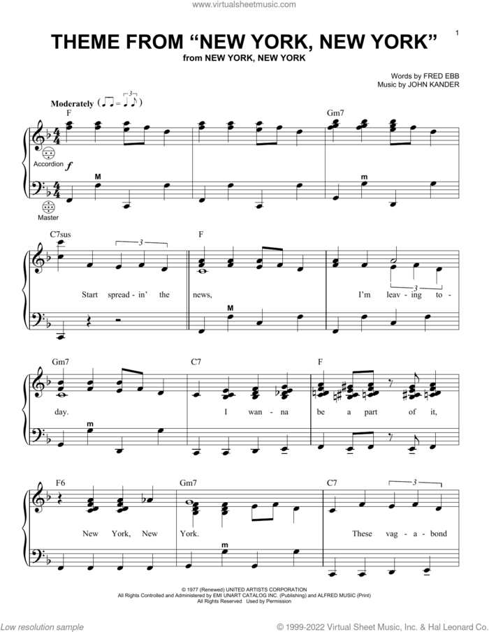 Theme From 'New York, New York' sheet music for accordion by Frank Sinatra, Fred Ebb and John Kander, intermediate skill level