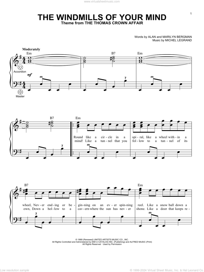 The Windmills Of Your Mind sheet music for accordion , Alan Bergman, Marilyn Bergman and Michel LeGrand, intermediate skill level