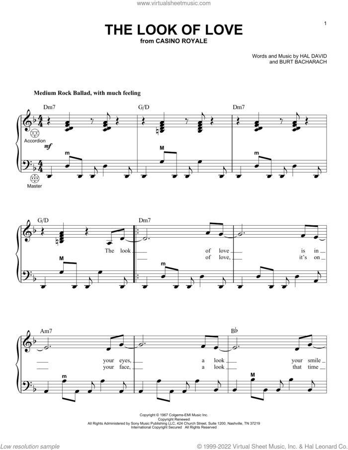 The Look Of Love sheet music for accordion by Dusty Springfield, Burt Bacharach and Hal David, intermediate skill level