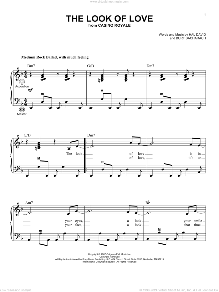 The Look Of Love sheet music for accordion by Dusty Springfield, Burt Bacharach and Hal David, intermediate skill level