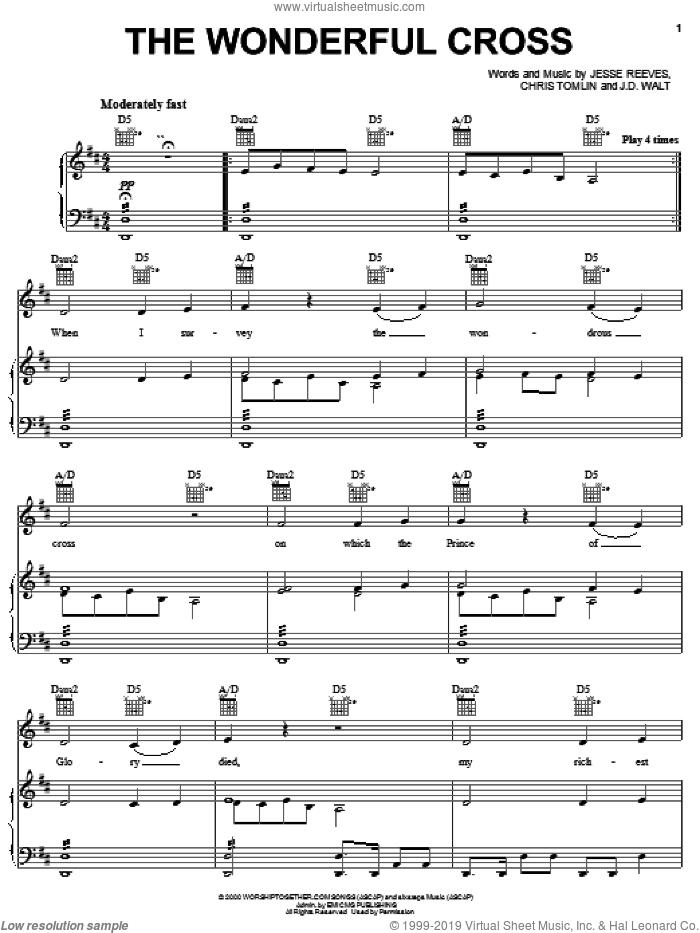 The Wonderful Cross sheet music for voice, piano or guitar by Phillips, Craig & Dean, Chris Tomlin, J.D. Walt and Jesse Reeves, intermediate skill level