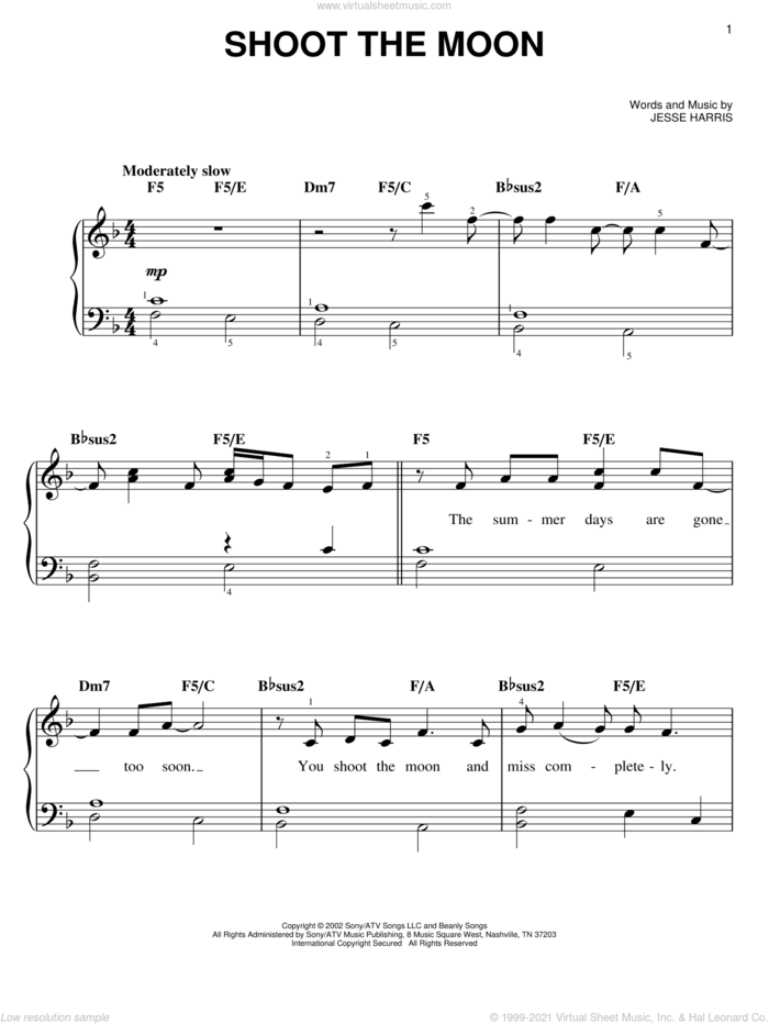 Shoot The Moon sheet music for piano solo by Norah Jones and Jesse Harris, easy skill level