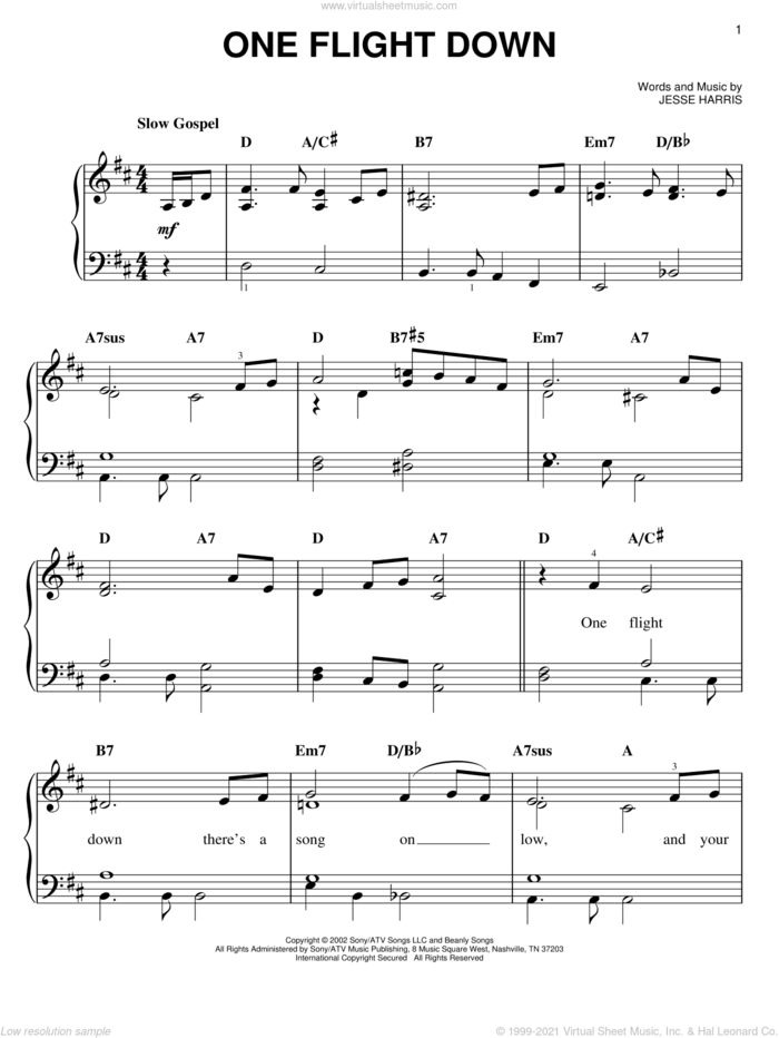 One Flight Down, (easy) sheet music for piano solo by Norah Jones and Jesse Harris, easy skill level