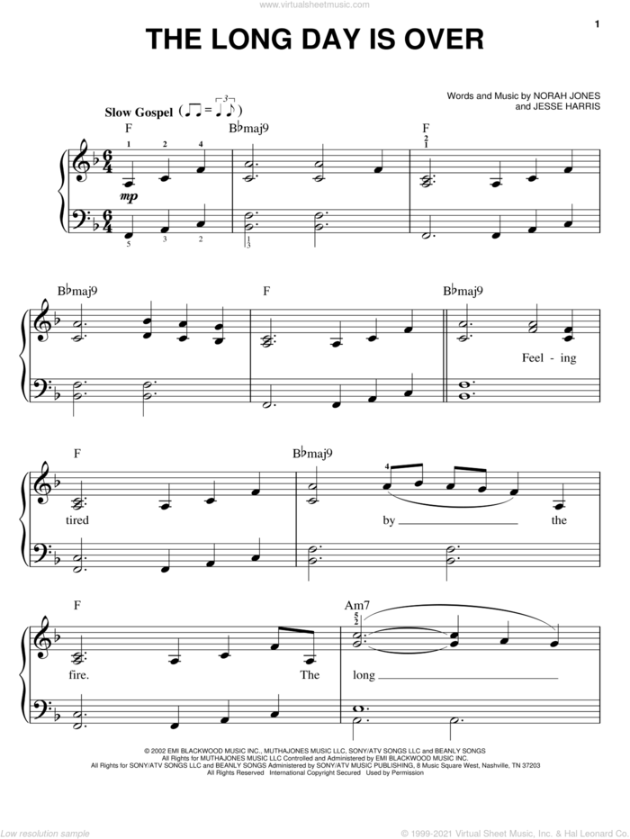 The Long Day Is Over sheet music for piano solo by Norah Jones and Jesse Harris, easy skill level