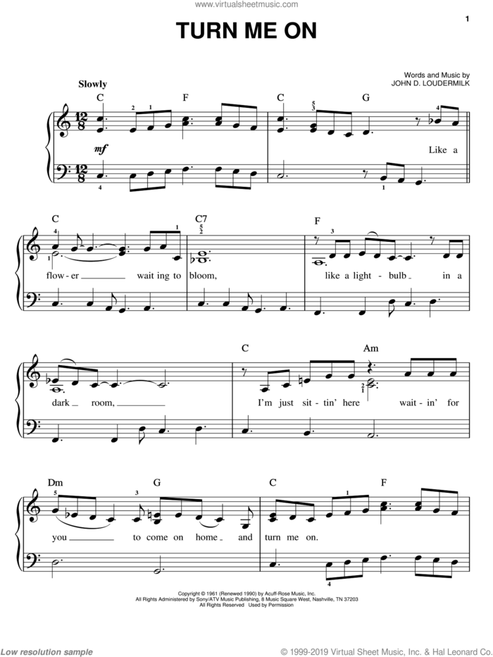 Turn Me On, (easy) sheet music for piano solo by Norah Jones and John D. Loudermilk, easy skill level