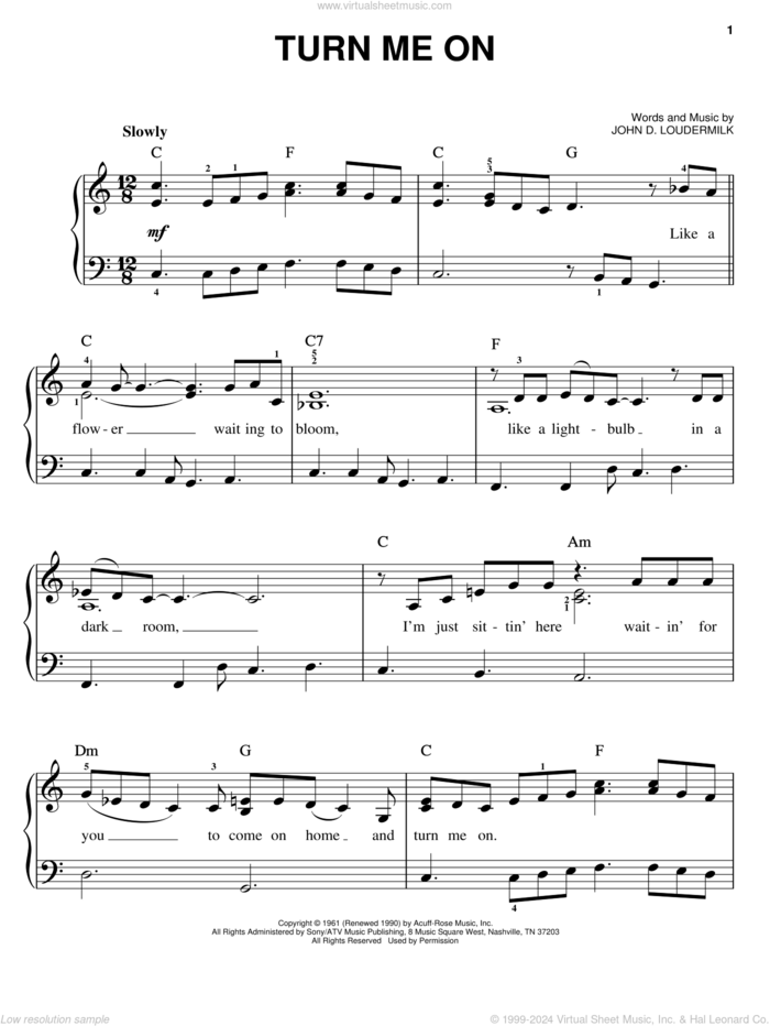 Turn Me On, (easy) sheet music for piano solo by Norah Jones and John D. Loudermilk, easy skill level