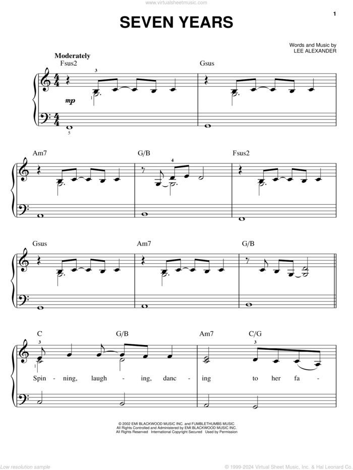 Seven Years, (easy) sheet music for piano solo by Norah Jones and Lee Alexander, easy skill level