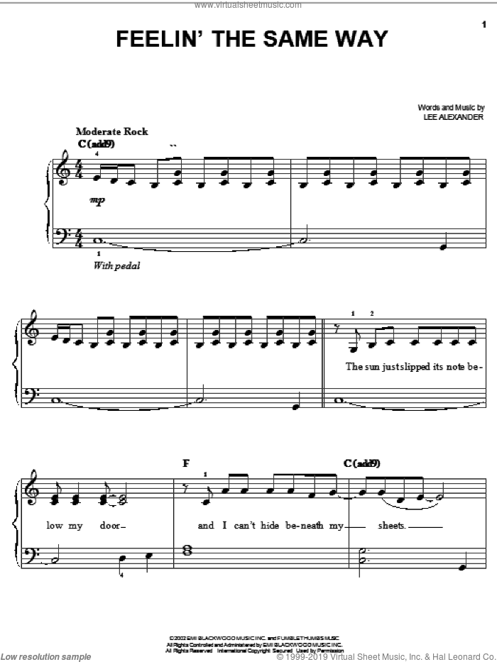 Feelin' The Same Way sheet music for piano solo by Norah Jones and Lee Alexander, easy skill level