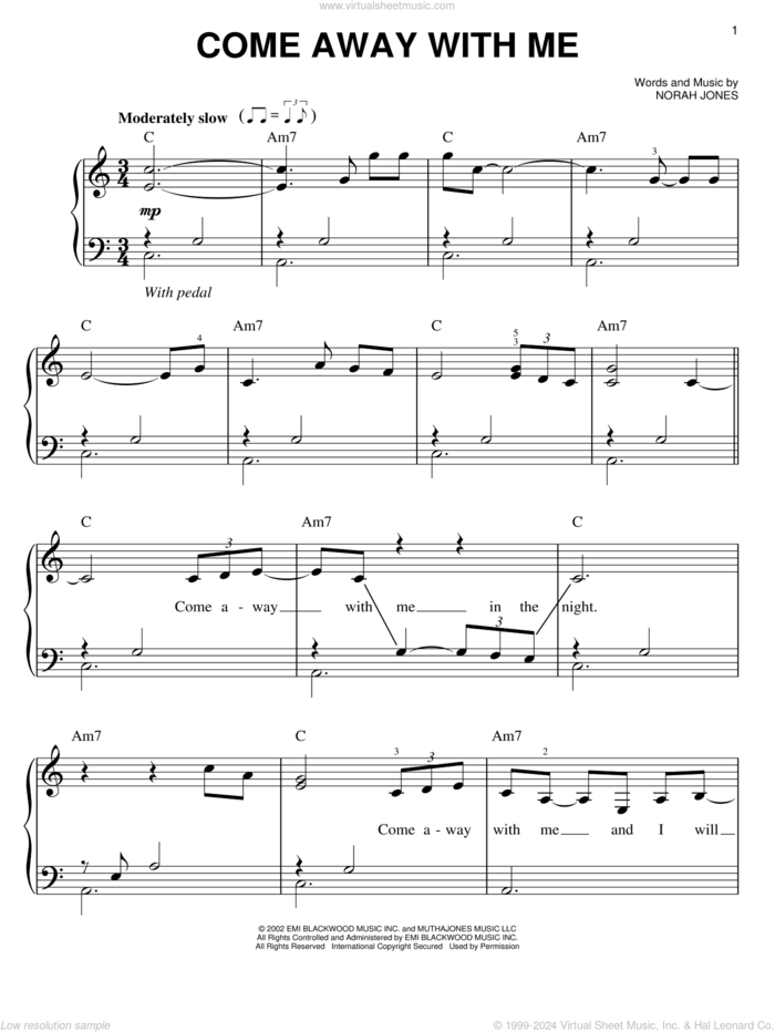 Come Away With Me, (easy) sheet music for piano solo by Norah Jones, easy skill level