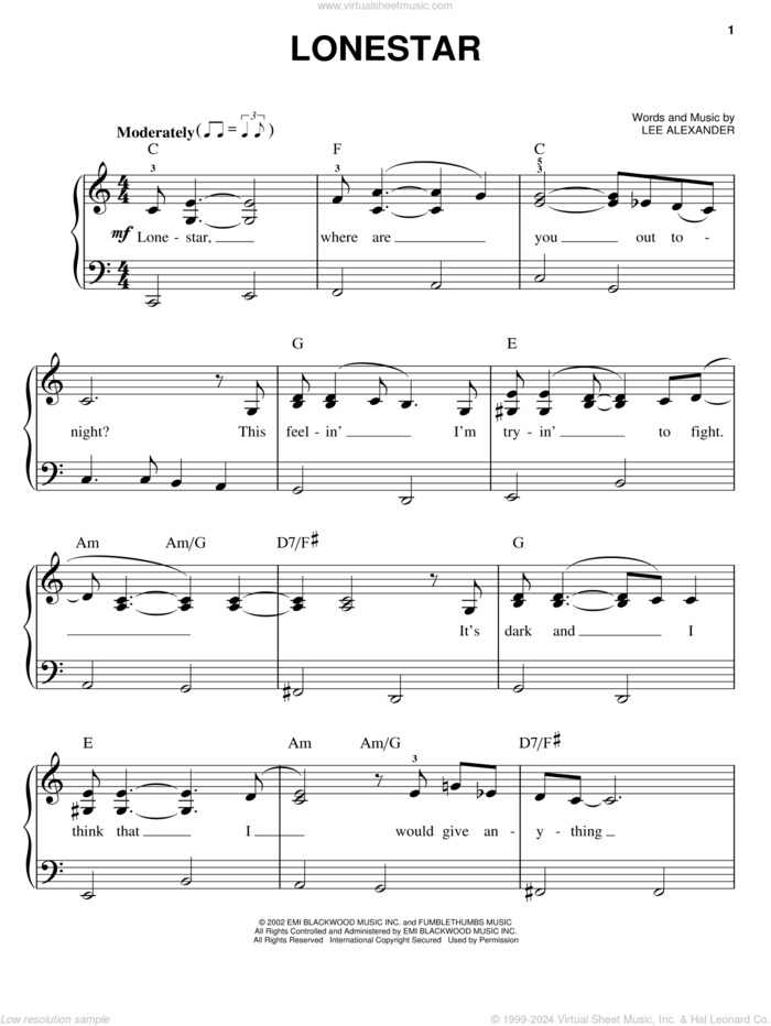 Lonestar, (easy) sheet music for piano solo by Norah Jones and Lee Alexander, easy skill level