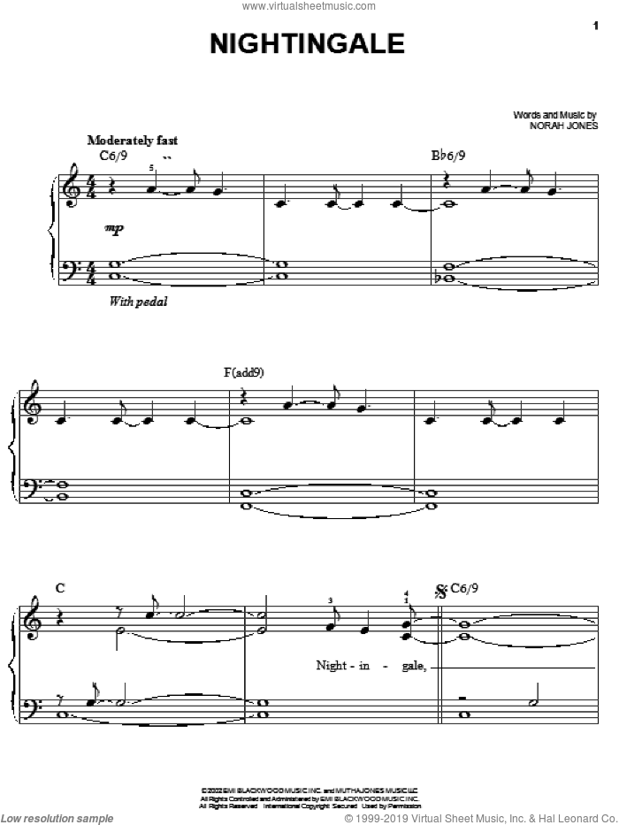 Nightingale, (easy) sheet music for piano solo by Norah Jones, easy skill level