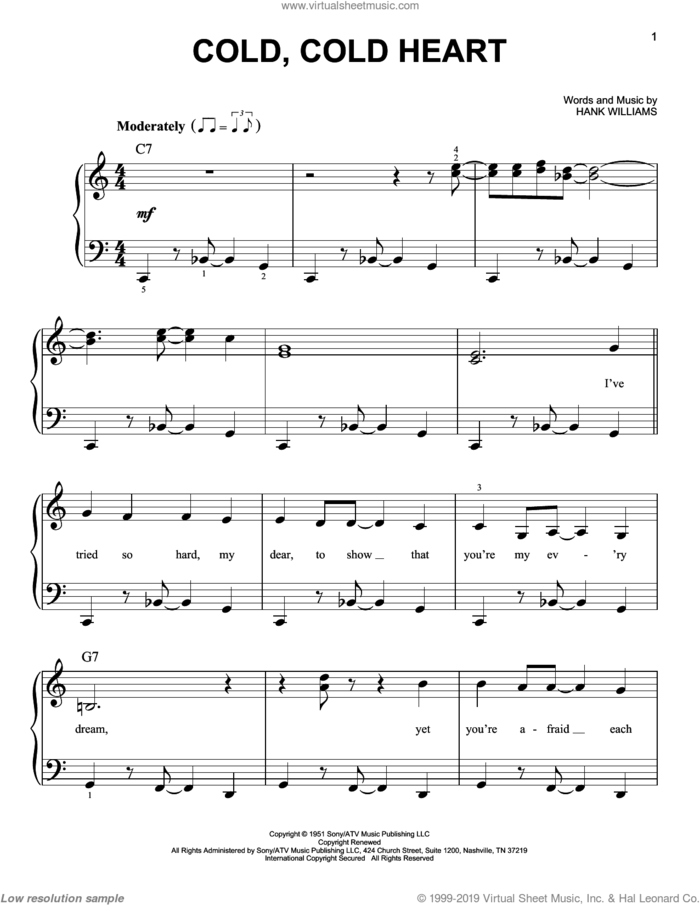 Cold, Cold Heart (arr. Dan Coates) sheet music for piano solo by Hank Williams and Norah Jones, easy skill level