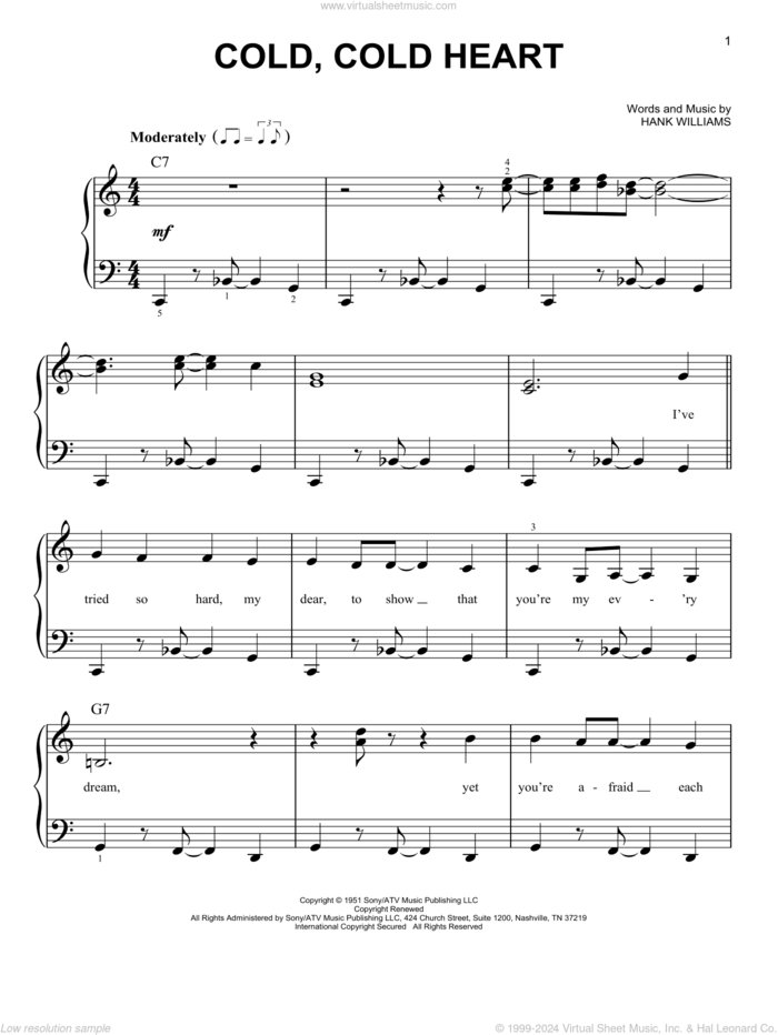 Cold, Cold Heart (arr. Dan Coates) sheet music for piano solo by Hank Williams and Norah Jones, easy skill level