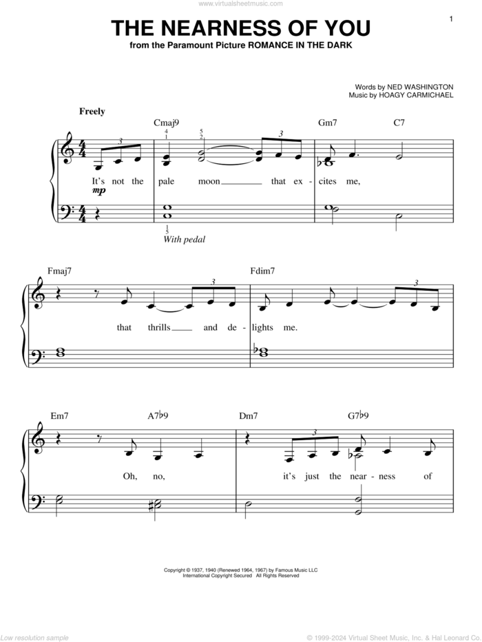 The Nearness Of You, (easy) sheet music for piano solo by Norah Jones, Hoagy Carmichael and Ned Washington, easy skill level