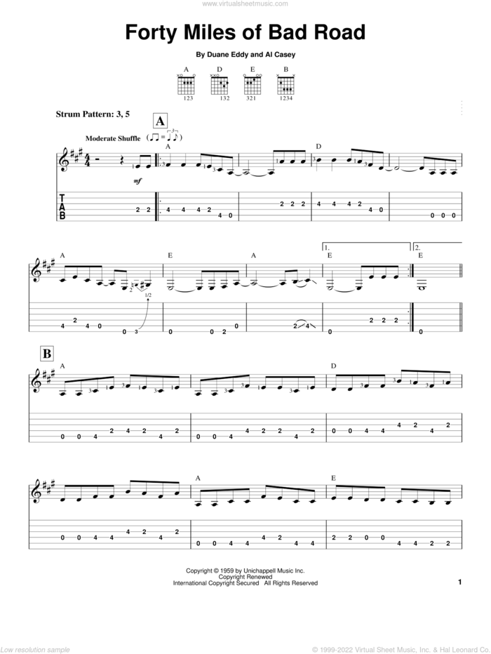 Forty Miles Of Bad Road sheet music for guitar solo (easy tablature) by Duane Eddy, The Ventures and Al Casey, easy guitar (easy tablature)