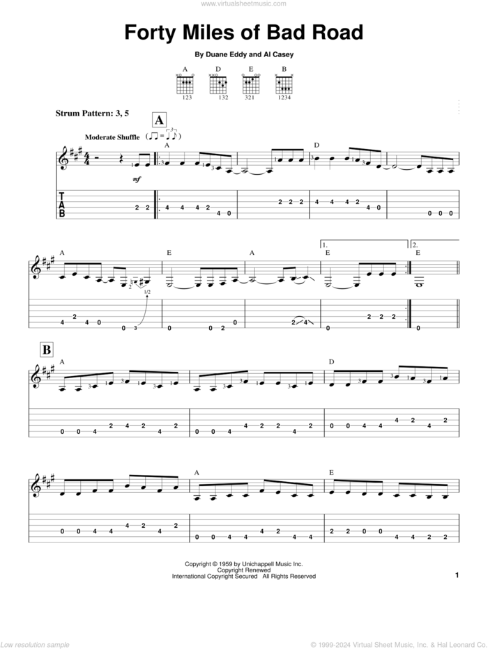 Forty Miles Of Bad Road sheet music for guitar solo (easy tablature) by Duane Eddy, The Ventures and Al Casey, easy guitar (easy tablature)