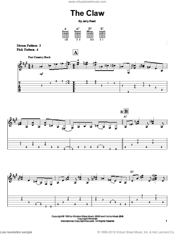 The Claw sheet music for guitar solo (easy tablature) by Jerry Reed and Clint Black, easy guitar (easy tablature)