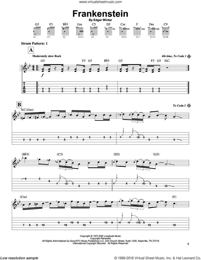 Frankenstein sheet music for guitar solo (easy tablature) by Edgar Winter Group and Edgar Winter, easy guitar (easy tablature)