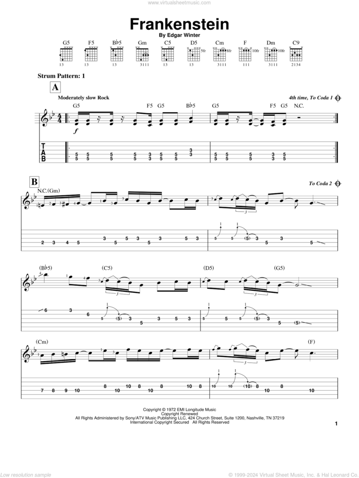 Frankenstein sheet music for guitar solo (easy tablature) by Edgar Winter Group and Edgar Winter, easy guitar (easy tablature)