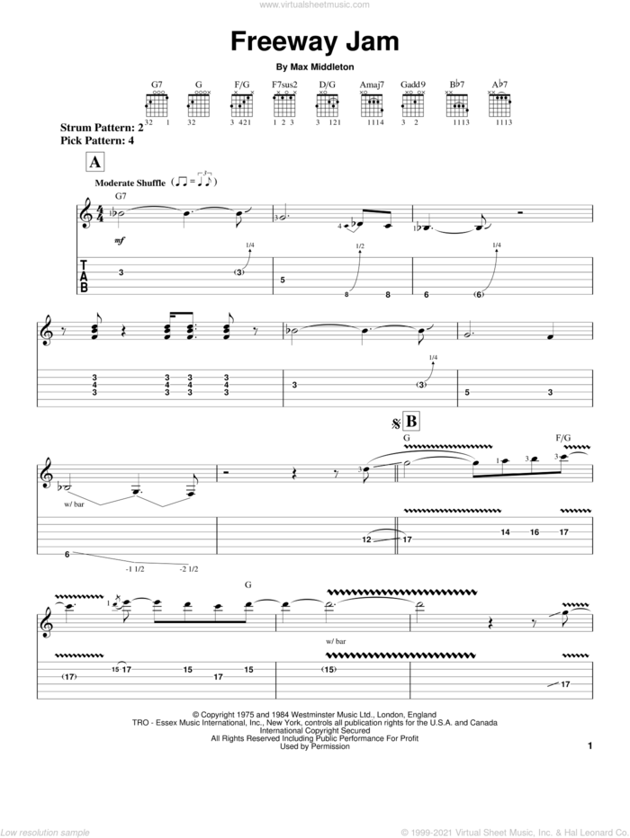 Freeway Jam sheet music for guitar solo (easy tablature) by Jeff Beck and Max Middleton, easy guitar (easy tablature)