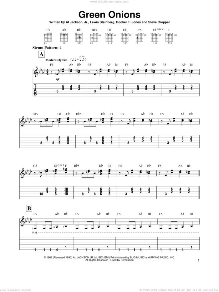 Green Onions sheet music for guitar solo (easy tablature) by Booker T. & The MG's, Al Jackson Jr., Booker T. Jones and Lewis Steinberg, easy guitar (easy tablature)