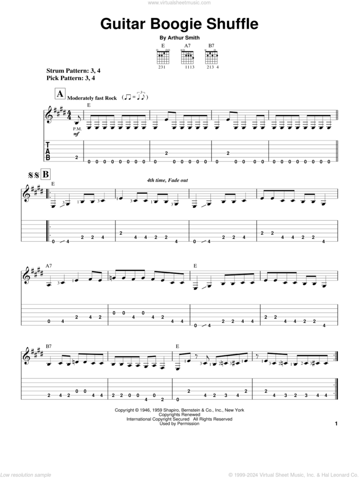 Guitar Boogie Shuffle sheet music for guitar solo (easy tablature) by The Virtues, The Ventures and Arthur Smith, easy guitar (easy tablature)