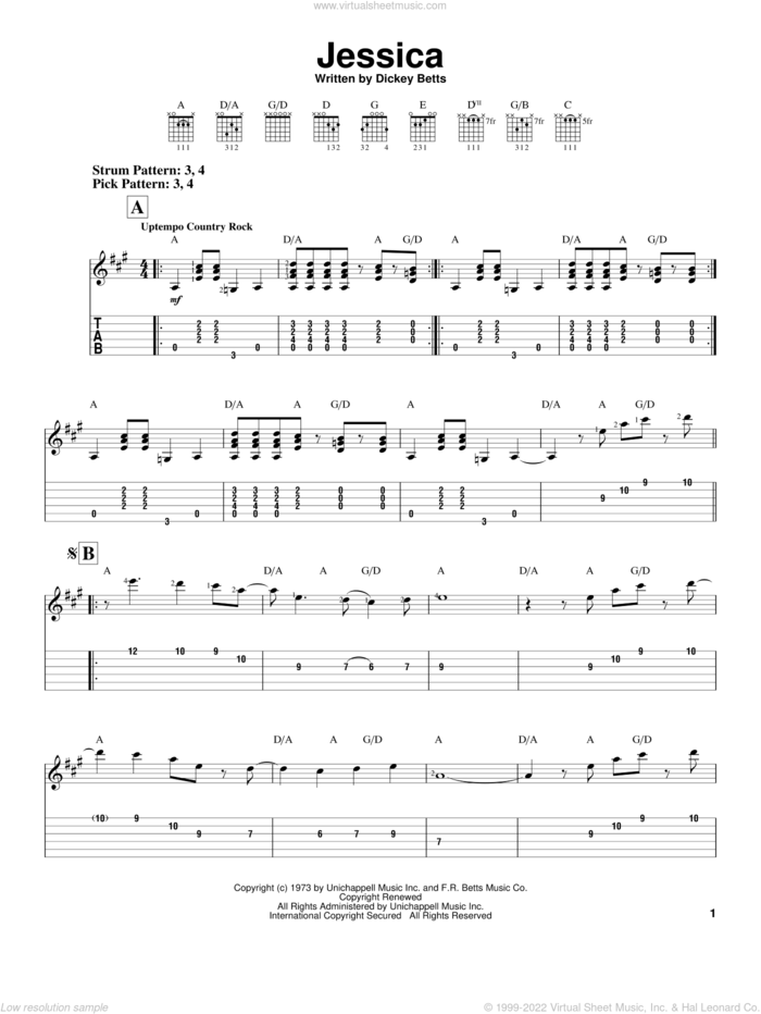 Jessica sheet music for guitar solo (easy tablature) by Allman Brothers Band, The Allman Brothers Band and Dickey Betts, easy guitar (easy tablature)