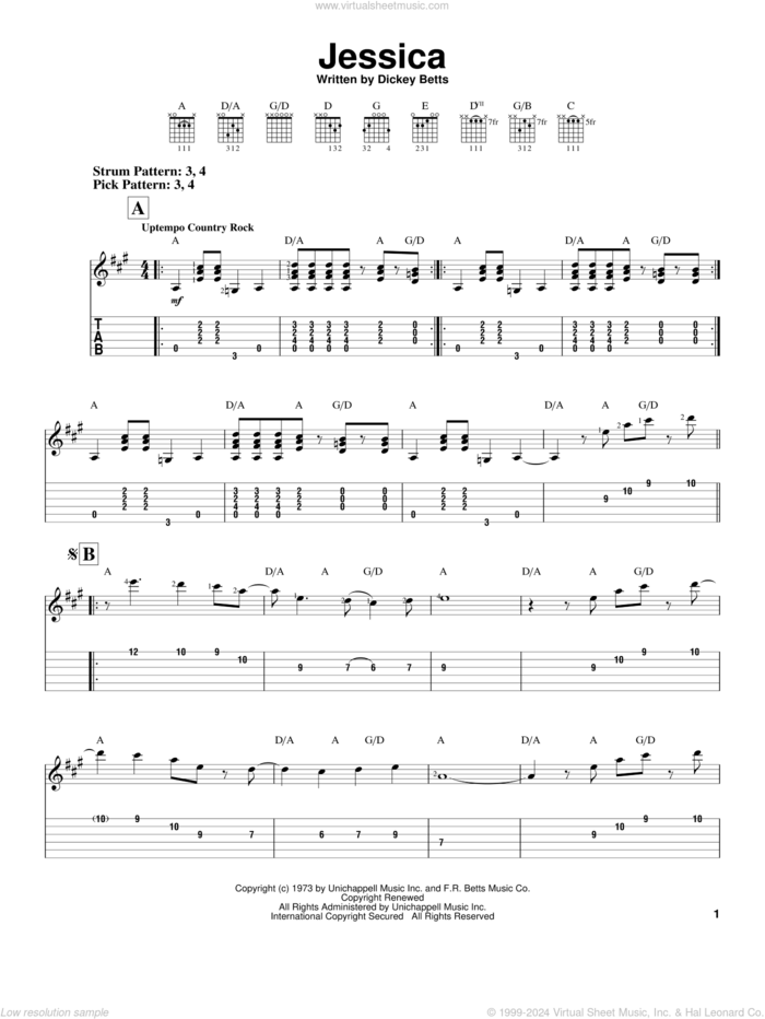 Jessica sheet music for guitar solo (easy tablature) by Allman Brothers Band, The Allman Brothers Band and Dickey Betts, easy guitar (easy tablature)