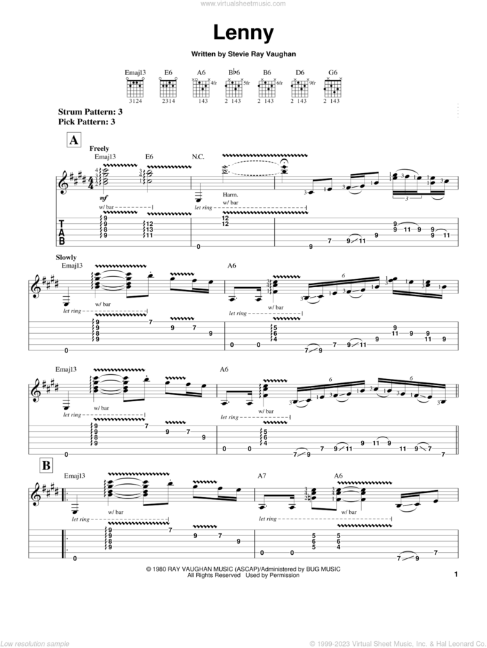 Lenny sheet music for guitar solo (easy tablature) by Stevie Ray Vaughan, easy guitar (easy tablature)