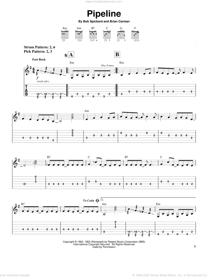 Pipeline sheet music for guitar solo (easy tablature) by The Chantays, The Ventures, Bob Spickard and Brian Carman, easy guitar (easy tablature)