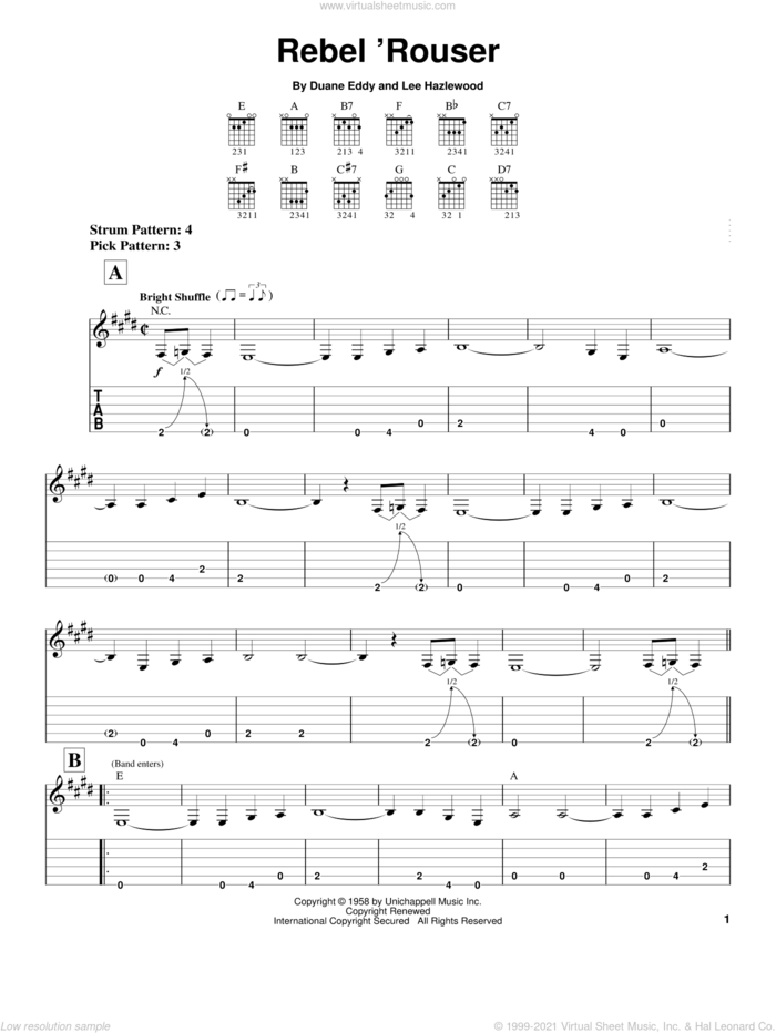 Rebel 'Rouser sheet music for guitar solo (easy tablature) by Duane Eddy and Lee Hazlewood, easy guitar (easy tablature)