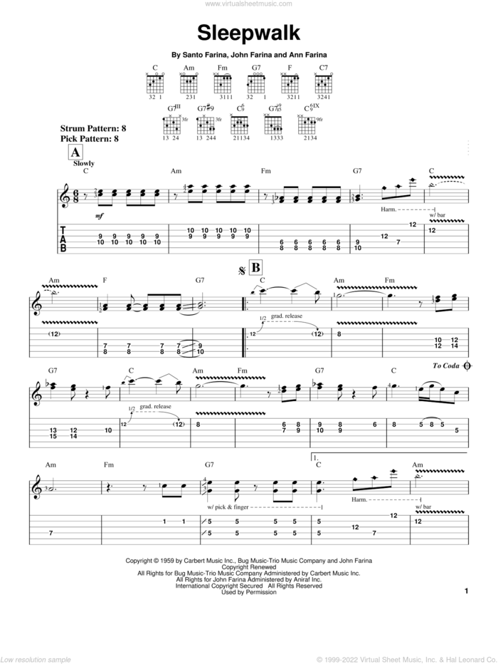 Sleepwalk sheet music for guitar solo (easy tablature) by Santo & Johnny, Jeff Beck, Ann Farina, John Farina and Santo Farina, easy guitar (easy tablature)