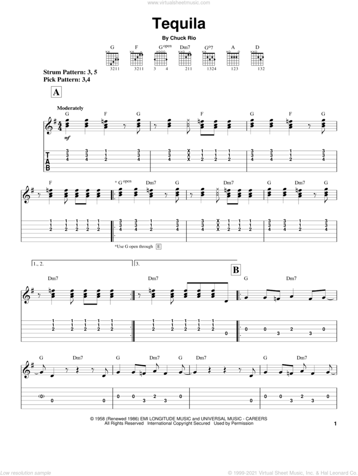 Tequila sheet music for guitar solo (easy tablature) by The Champs and Chuck Rio, easy guitar (easy tablature)