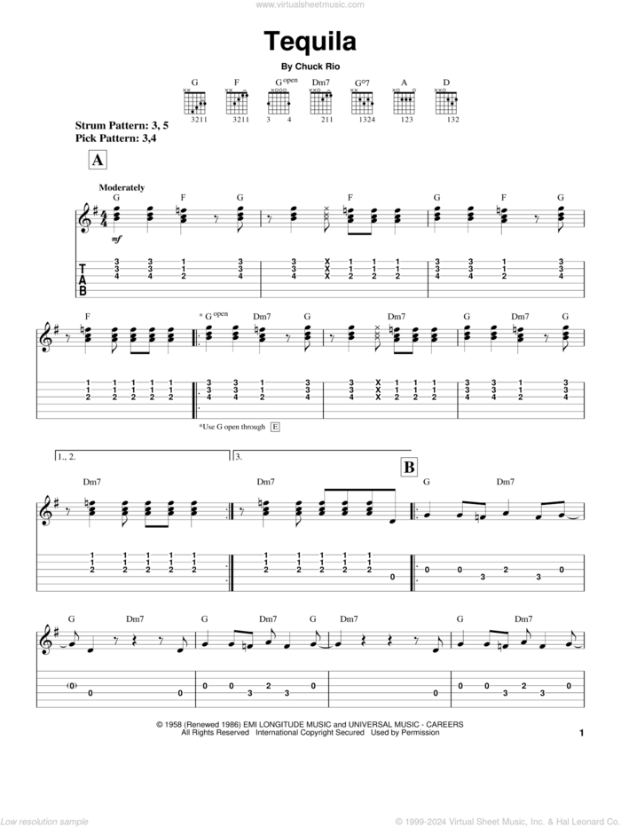 Tequila sheet music for guitar solo (easy tablature) by The Champs and Chuck Rio, easy guitar (easy tablature)