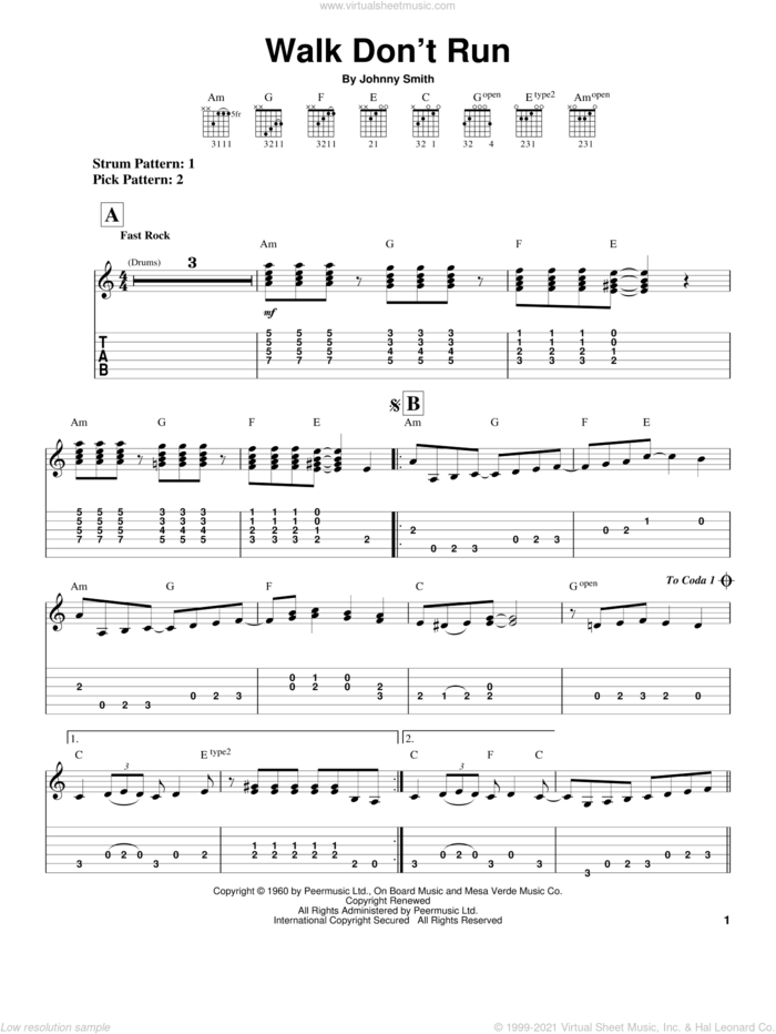 Walk Don't Run sheet music for guitar solo (easy tablature) by The Ventures and Johnny Smith, easy guitar (easy tablature)