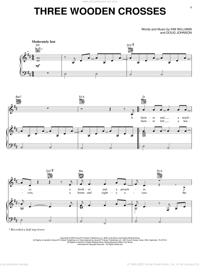 Three Wooden Crosses sheet music for voice, piano or guitar by Randy Travis, Doug Johnson and Kim Williams, intermediate skill level