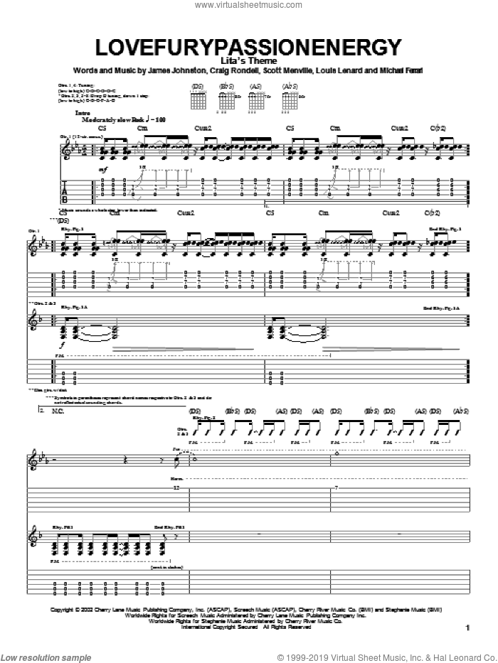 Lovefurypassionenergy sheet music for guitar (tablature) by Boy Hits Car, Craig Rondell, James Johnston and Scott Menville, intermediate skill level