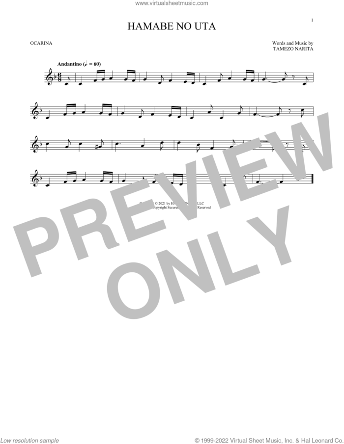 Hamabe No Uta sheet music for ocarina solo by Tamezo Narita, intermediate skill level
