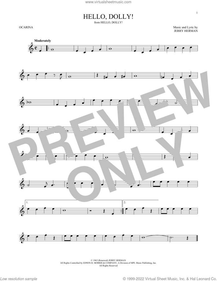 Hello, Dolly! sheet music for ocarina solo by Jerry Herman and Louis Armstrong, intermediate skill level