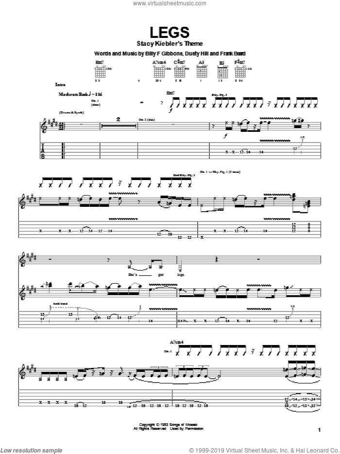 Legs sheet music for guitar (tablature) by Kid Rock, ZZ Top, Billy Gibbons, Dusty Hill and Frank Beard, intermediate skill level
