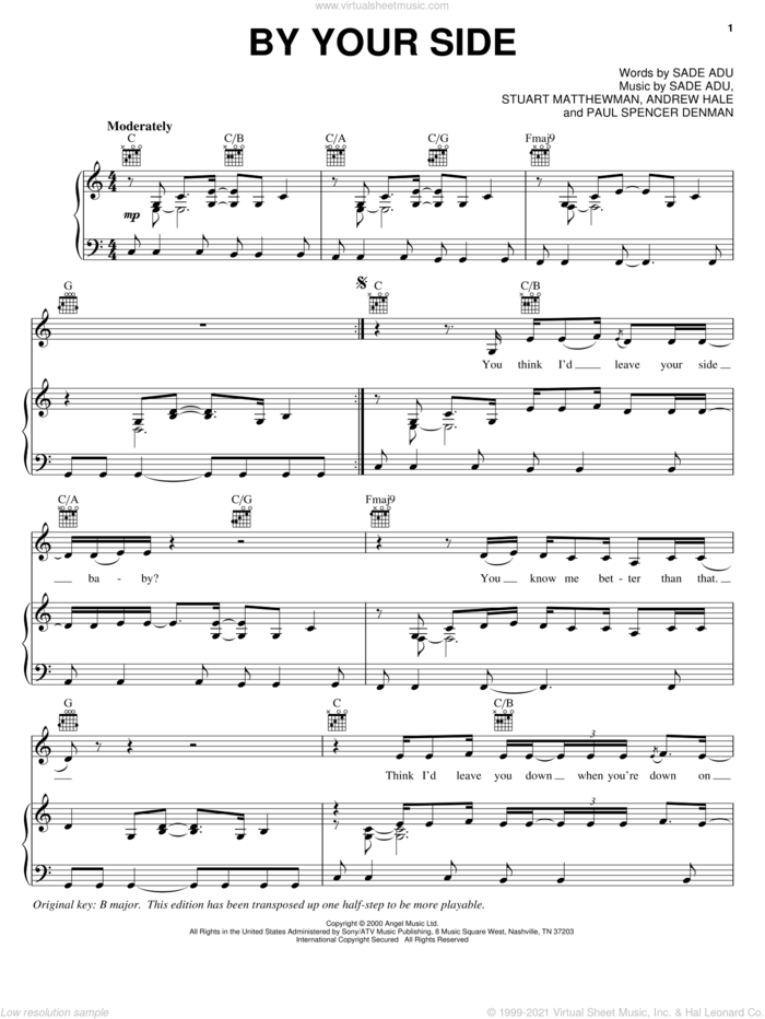By Your Side sheet music for voice, piano or guitar by Sade, Andrew Hale, Sade Adu and Stuart Matthewman, intermediate skill level