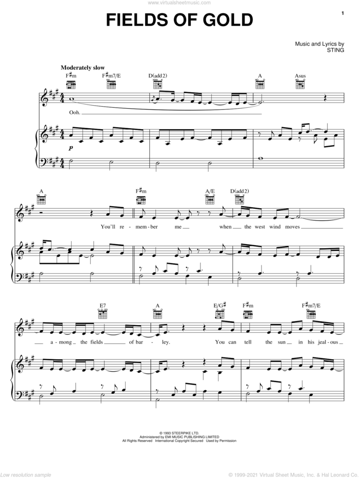 Fields Of Gold sheet music for voice, piano or guitar by Eva Cassidy and Sting, intermediate skill level